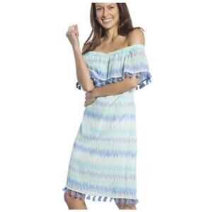 Sail to Sable STS Off Shoulder Chevron Stripe Pom Pom Tassel Dress Medium